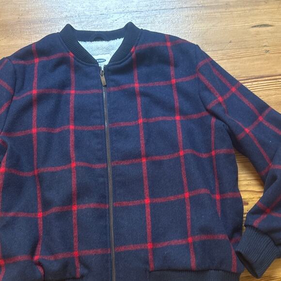 Old Navy blue red plaid wool blend fleece sherpa lined zip bomber jacket SIZE XL - Picture 3 of 6